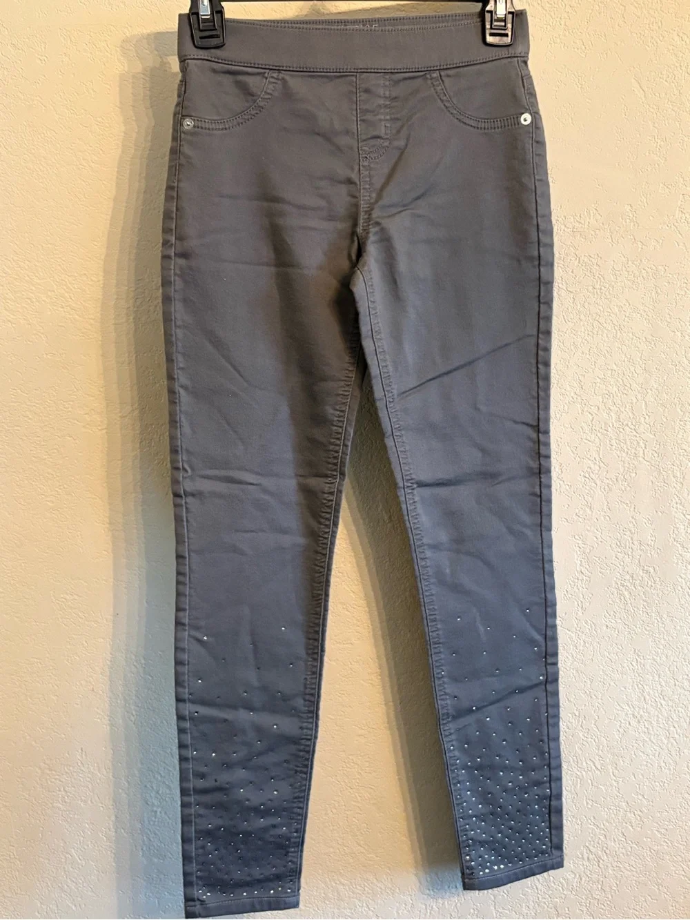 Girl’s Vintage Justice Gray Stretch Jeggings with Rhinestone Hem Detail, Sz. 12